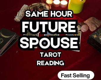 Può includere: Su una superficie rossa, il testo "SAME HOUR FUTURE SPOUSE TAROT READING" in bianco e nero. L'immagine include tarocchi, candele, cristalli e salvia. Sono presenti anche le parole "Fast Selling".