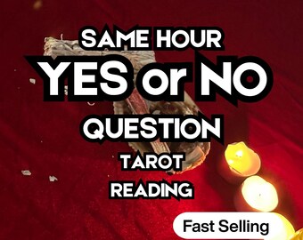 May include: Image features text: "SAME HOUR YES or NO QUESTION TAROT READING." The background is a deep red fabric. Lit candles are in the lower right corner. A bundle of herbs is in the center.