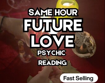 May include: Image with text that reads "SAME HOUR FUTURE LOVE PSYCHIC READING". A lit green candle and a shell with herbs are visible. The words "Fast Selling" are also displayed.