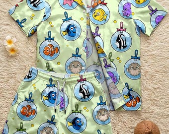 Disney Findet Nemo Hawaii-Shirt-Set, Cartoon Ocean passendes Outfit, Tropische Fische Kurzarmshirt und Short, Sommerferien Bademode