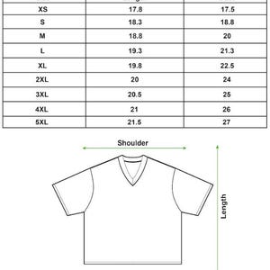 Peut inclure: Un t-shirt blanc &agrave; col en V. L'image comprend un tableau des tailles avec des mesures en pouces pour la longueur et le buste, allant de XS &agrave; 5XL. Le texte en bas indique : "En raison de la mesure manuelle, il y aura une erreur de ~2-3cm."