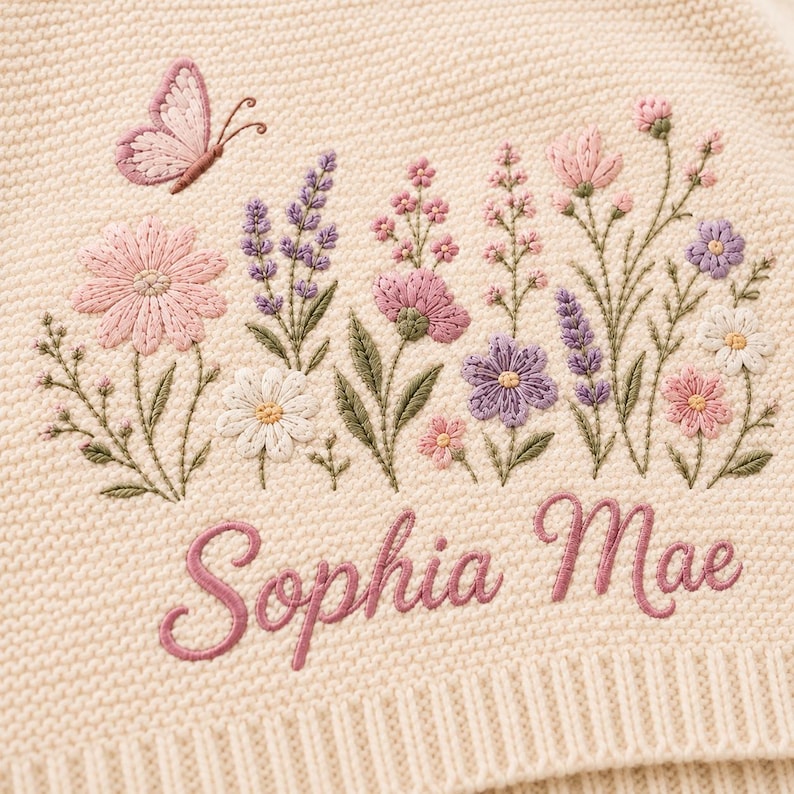 May include: A cream-coloured knit fabric featuring detailed embroidery of a pink butterfly and various wildflowers in shades of pink, purple, and white. The name Sophia Mae is embroidered in a cursive pink script font below the floral design.