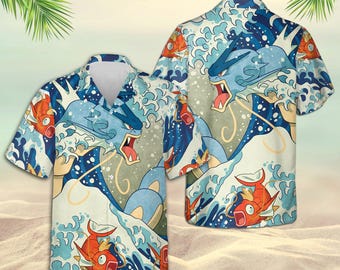 Gyarados Hawaii-Druck Shirt, Karpador Wasser Drache Aloha Shirt, Anime Sommer Strand Top, tropischer Ozean, Cartoon Geschenk für Jungen