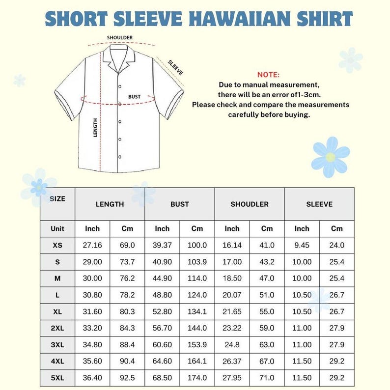 K&ouml;nnte beinhalten: Diagramm eines wei&szlig;en hawaiianischen Hemdes mit kurzen &Auml;rmeln und Ma&szlig;en in cm. Die L&auml;nge des Hemdes betr&auml;gt 69,0 cm bis 92,5 cm, die Brustweite 100,0 cm bis 174,0 cm, die Schulter 41,0 cm bis 71,0 cm und der &Auml;rmel 24,0 cm bis 29,2 cm.