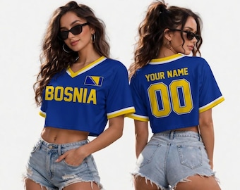 Maillot croptop de Bosnie personnalisé, nom personnalisé numéro de maillot de football, fan de football de Bosnie 2026, cadeau haut de sport femme pour elle