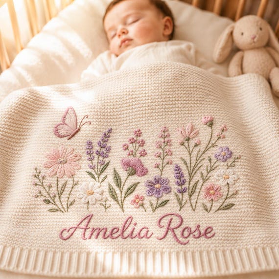 Personalized Knit Baby Blanket, Custom Double Name Embroidered Wildflower Blanket, Butterfly Baby Girl Keepsake, Newborn Gift