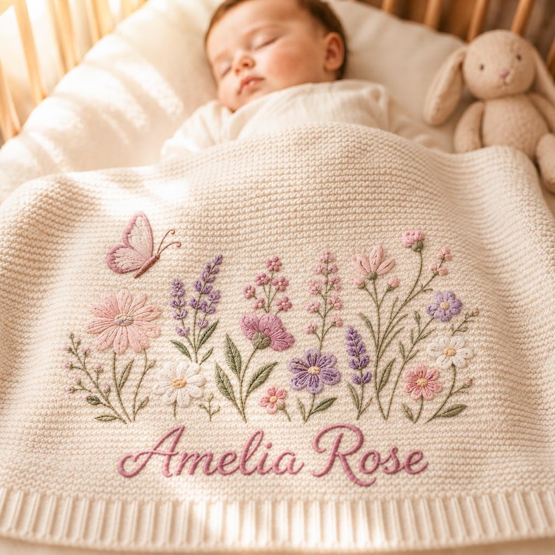 Cream knit baby blanket personalized with the embroidered double name Amelia Rose, featuring a pink butterfly and a garden of pink, purple and ivory wildflowers with olive green leaves.