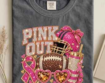 Pink Out Football Shirt, Breast Cancer Gameday Tee, Rhinestone Sparkle Graphic Tshirt