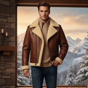 Handgefertigte braune Lammfell-Bomberjacke für Herren - Schaffellleder-Fliegermantel-Warm & Stylish Oberbekleidung