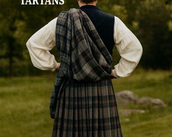 May include: A person wearing a traditional Scottish kilt and shawl in a green and gray tartan pattern. The image includes the text "AVAILABLE IN 50+ TARTANS" and the "Tartan Outfits" logo.