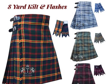 Scottish Men's 8 Yard Kilt With Matching Flashes Traditional Highland Tartan Kilt Wedding 8 Yard Kilt – Available in 50+ Tartans