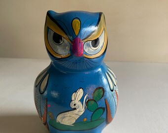 Vintage Mexican Style Owl Figurine | Blue Folk Art Ceramic Decor