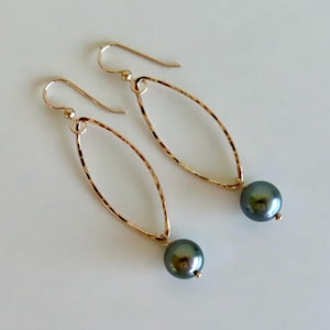 Tahitian Pearl Marquise Hoop Earrings, Gold Hammered Hoops, Genuine Pearls, Hawaii Beach Jewelry, Elegant Anniversary Gift, Handmade Maui