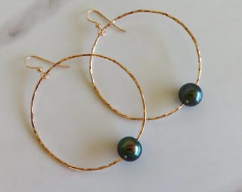 Tahitian Pearl Large Hoop Earrings: Gold Hammered Hoops, Handmade Hawaii Jewelry