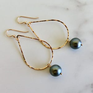 Teardrop Hoop Earrings, Genuine Tahitian Pearls, Gold Hammered Hoops, Wedding Bridal Jewelry, Handmade Maui Hawaii, Elegant Gift For Her