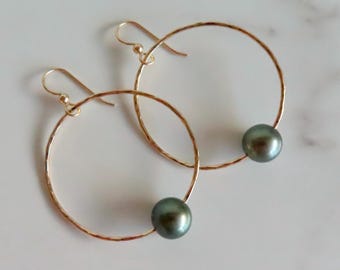 Tahitian Pearl Hoop Earrings, Gold Hammered Hoops, Genuine Pearls, Hawaii Beach Jewelry