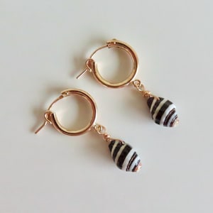 Shell Hoop Earrings: Gold Hoops, Black & White - Handmade Maui Beach Jewelry