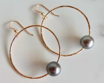 Tahitian Pearl Hoop Earrings, Gold Hammered Hoops, Genuine Pearls, Hawaii Beach Jewelry