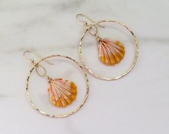 Sunrise Shell Hoop Earrings, Gold Hoops, Wire Wrapped Rare Orange Pink Hawaiian Shells, Hawaii Beach Jewelry, Gift For Her, Handmade Maui