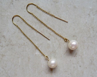 White Pearl Threader Earrings, Gemstone Jewelry, Gold Chain Dangle, Earring Threaders, Mother's Day Gift, Boho Fashion, Handmade, Pearls
