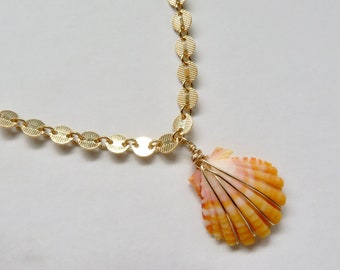 Hawaiian Sunrise Shell Necklace, Gold Chain Choker, Handmade Wire Wrapped Orange Pink Rare Seashell, Hawaii Beach Jewelry, Gift Idea For Her