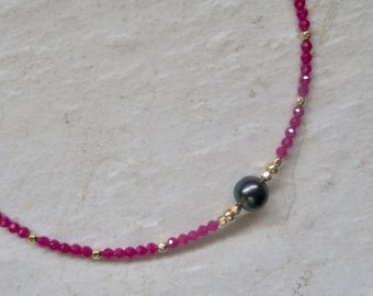 Ruby Gemstone Necklace, Genuine Tahitian Pearl, Handmade Maui Hawaii Beach Jewelry, Elegant Fashion, Mother's Day Gift For Her, Gemstones