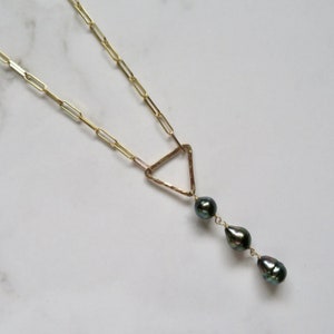 Tahitian Pearl Necklace: Handmade Hammered Triangle Pendant, Gold Box Chain