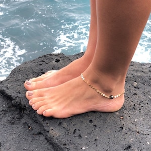 Tahitian Pearl Anklet, Gold Disc Chain, Genuine Black Pearls, Girls Gift Idea, Anklets, Handmade Maui Hawaii Beach Jewelry, Boho Fashion