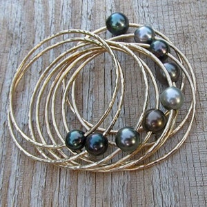 Tahitian Pearl Bangle, Big Round Genuine Pearls, Gold Hammered Bracelet, Wedding Fashion, Handmade Hawaii Jewelry, Elegant Anniversary Gift