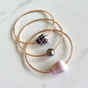 Gold Bangles, Hawaiian Shells, Tahitian Pearl, Hammered Bracelets, Handmade Jewelry, Hawaii Beach Creations, Surfer Girl Gift, Shell Bangle