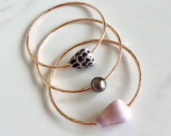 Gold Bangle Bracelet Set: Tahitian Pearl & Hawaiian Cone Shells, Handmade Hawaii Beach Jewelry