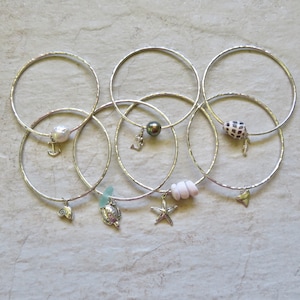 Handmade Sterling Silver Sea Life Charm Bangle: Hawaii Beach Jewelry