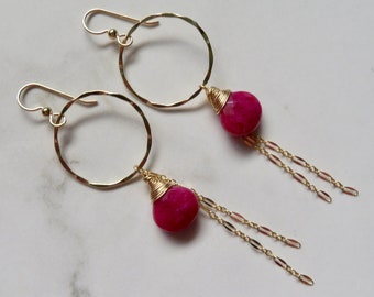 Ruby Gemstone Hoop Earrings, Wire Wrapped Rubies, Gemstones, Gold Hammered Hoops, Gift Idea For Her, Handmade Hawaii, Boho Fashion