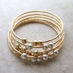 Hammered Gold Bangles: Set of 3 with Silver or Gold Beads