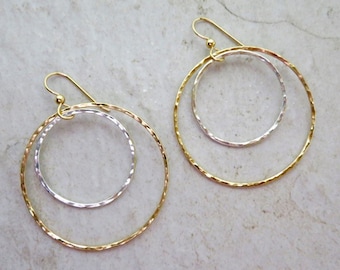 Hammered Double Hoop Earrings: Gold and Sterling Silver Boho Jewelry