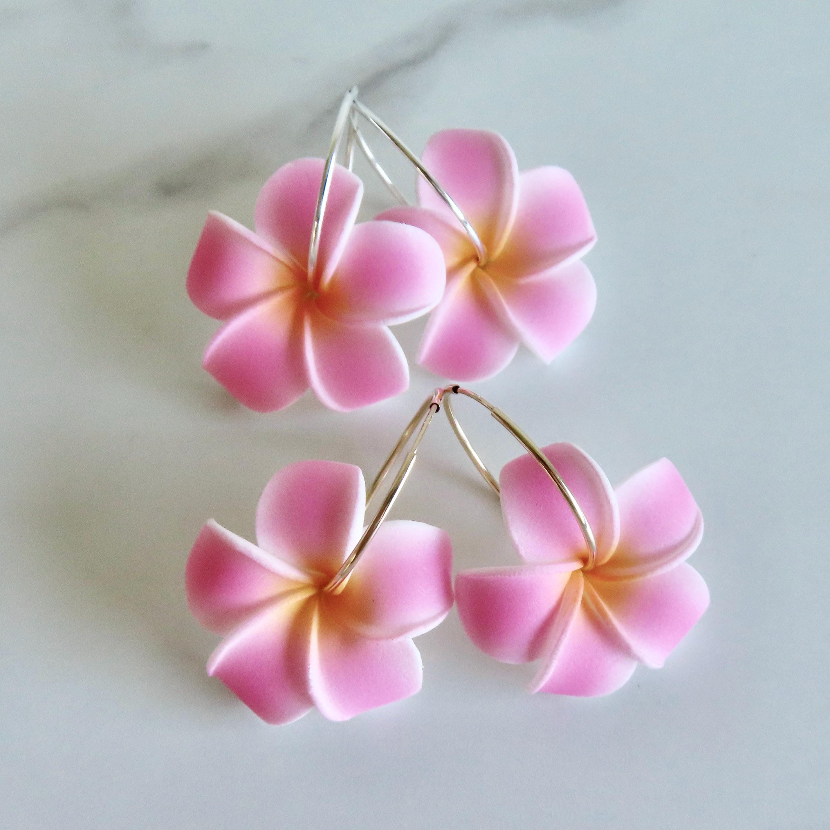 Orecchini Pendenti A Fiore Hawaiano Plumeria, Grandi E Bohémien, Colore Rosa, In Zinco