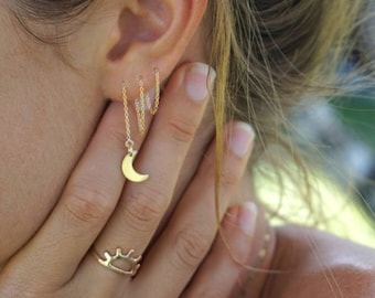 Threader Earrings, Crescent Moon, Long Gold Chain Dangle, Celestial Jewelry, Moon Earring Threaders, Girls Gift For Her, Boho Fashion