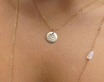 Om Symbol Necklace, Gold Hand Stamped Circle Disc Charm Pendant, Handmade Maui Hawaii Jewelry, Yogi Gift, Yoga Jewelry, Oneness, Layering