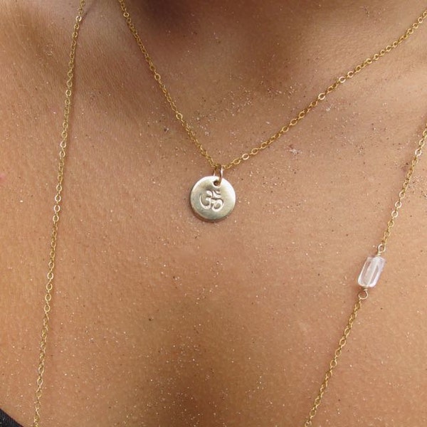 Om Symbol Necklace, Gold Hand Stamped Circle Disc Charm Pendant, Handmade Maui Hawaii Jewelry, Yogi Gift, Yoga Jewelry, Oneness, Layering