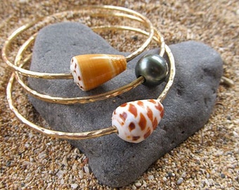 Gold Bangles, Hawaiian Shells, Tahitian Pearl, Hammered Bracelets, Handmade Jewelry, Hawaii Beach Creations, Surfer Girl Gift, Shell Bangle