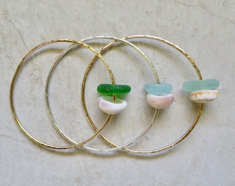 Hawaiian Sea Glass, and Shell Gold Handmade Hawaii Bangle: Puka Shells