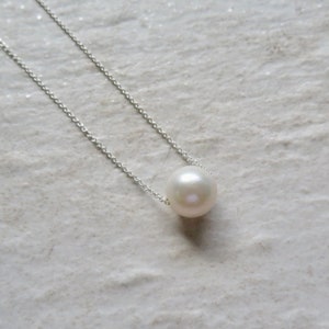 White Pearl Necklace, Floating, Fine Sterling Silver Chain, Bridesmaid Gift idea, Wedding Bridal Jewelry, June Birthstone, Freshwater Pearls