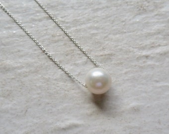 White Pearl Necklace, Floating, Fine Sterling Silver Chain, Bridesmaid Gift idea, Wedding Bridal Jewelry, June Birthstone, Freshwater Pearls