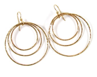 Triple Hoop Earrings, Big Gold Hammered Hoops, Elegant Gift for Her, Handmade Maui Hawaii Jewelry, Boho Fashion, Triple Hoops, 3 Circles