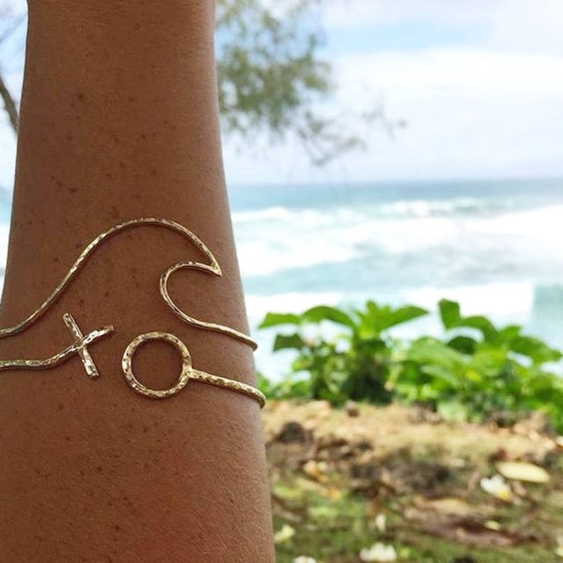 Wave Bangle, Gold Hammered Bracelet, Surfer Girl Gift Idea, Hawaiian Beach Jewelry, Ocean Mermaid Fashion, Waves, Handmade Maui Hawaii, Boho image 6