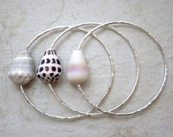 Sterling Silver Shell Bangles - Set of 3 - Handmade Hawaii Jewelry