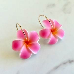 Pink Plumeria Flower Hoop Earrings: Gold Endless Hoops, Hawaiian Jewelry