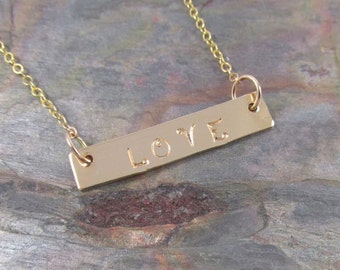 Gold Bar Necklace, Hand Stamped Personalized Jewelry, Handmade Hawaiian Jewelry, Gift Idea For Her, Boho Fashion, Love, Layering Necklaces