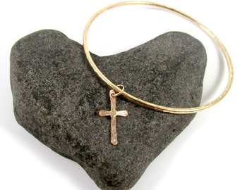 Gold Cross Charm Bangle, Hammered Bracelet, Christian Inspired Jewelry, Confirmation Baptismal Bracelet, Religious Gift Idea For Her