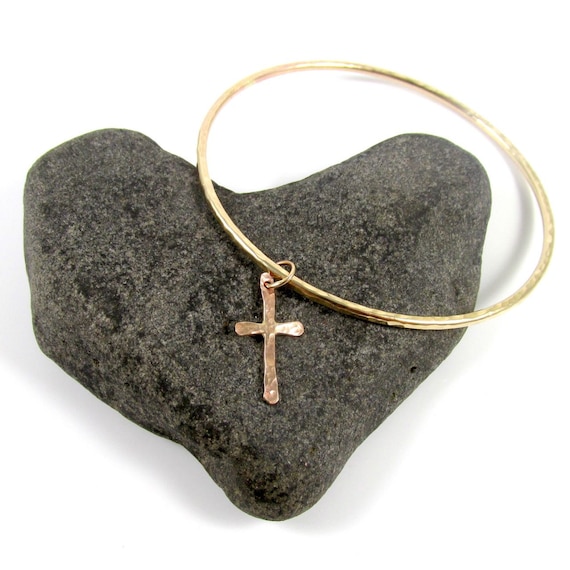 Gold Bangle Hammered Cross Charm Christian Inspired Jewelry Confirmation Baptismal Bracelet Religious Gift For Her Cross Bracelet Etsy